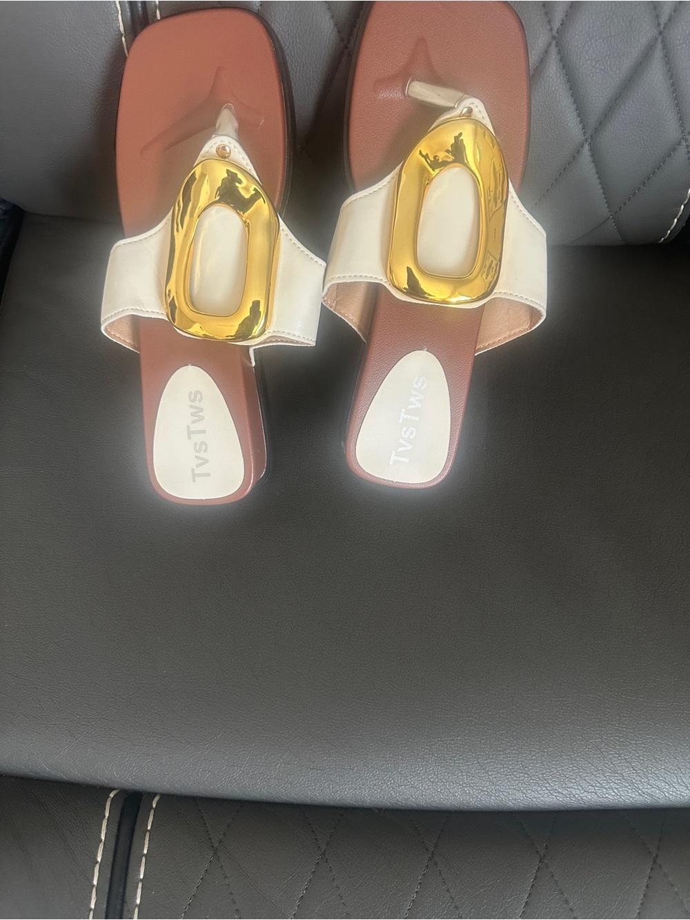 Women's Cream Slide Sandals with Gold Accent